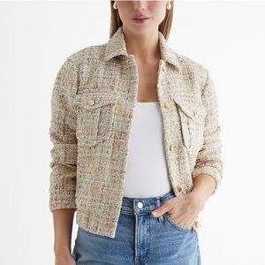 Sequin Tweed Novelty Button Cropped Bomber Jacket